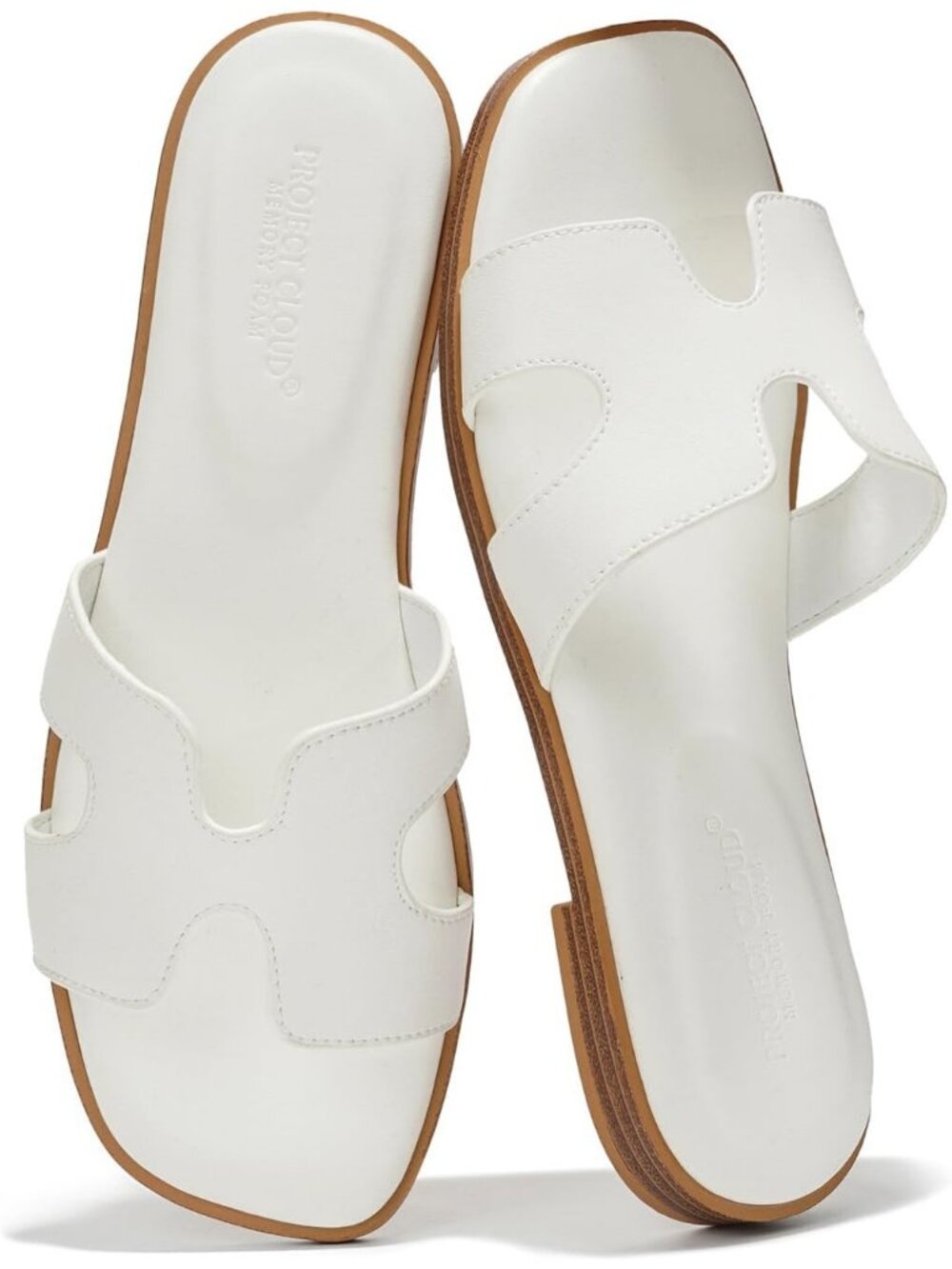 Women's White Genuine Leather Fashion Flats Memory Foam Insole Slides Sandals
